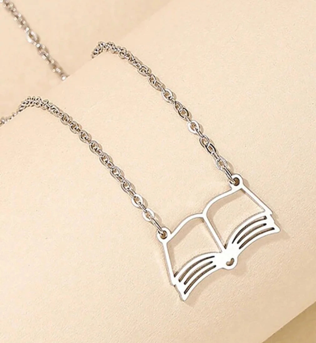 Silver Open Book Necklace